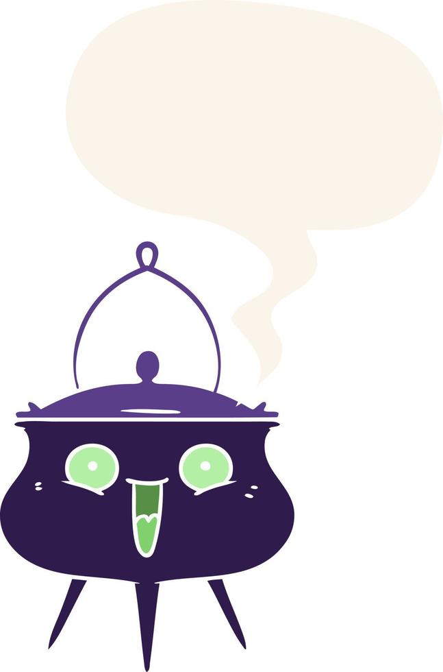 halloween cauldron cartoon and speech bubble in retro style vector