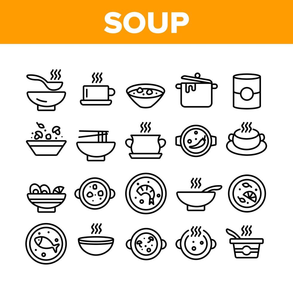 Soup Different Recipe Collection Icons Set Vector