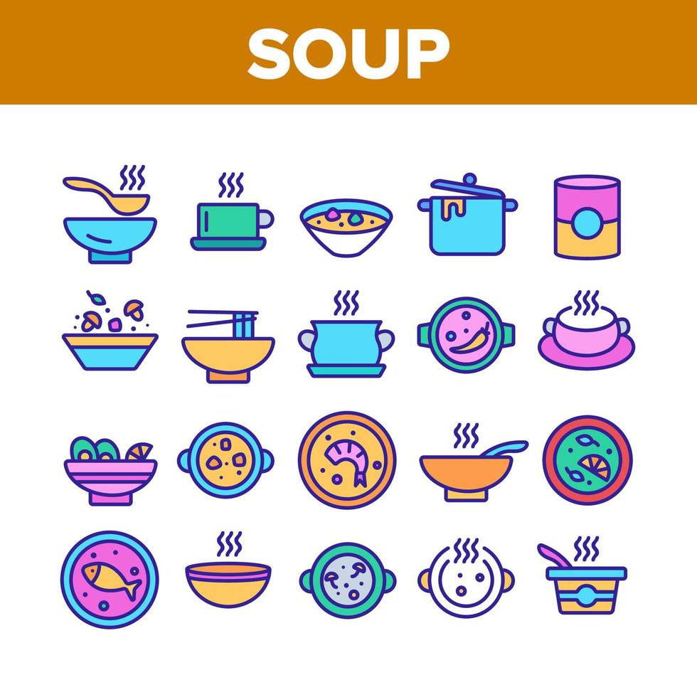 Soup Different Recipe Collection Icons Set Vector