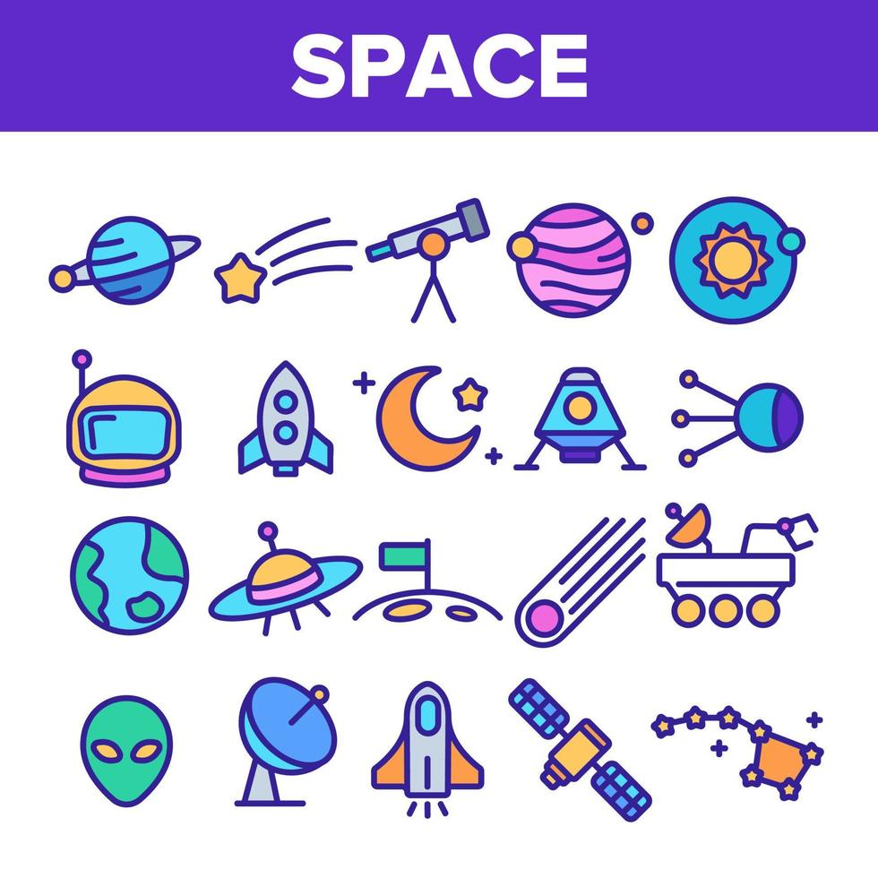 conjunto de iconos de línea delgada de vector de exploración espacial.