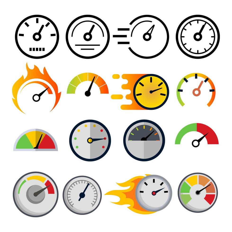 Speedometer Icon Set Vector. Speed Symbol. Auto Power. Automobile Interface. Transportation Element. Fast Indicator. Measure Progress Km Sign. Line, Flat Illustration vector
