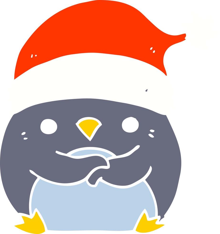 lindo pingüino de dibujos animados de estilo de color plano con sombrero de navidad vector