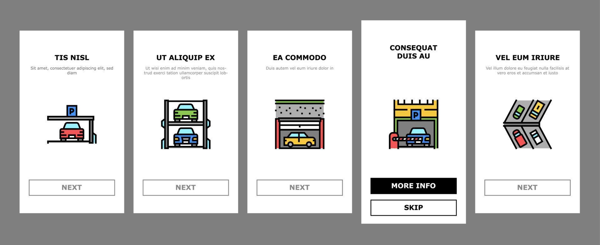 Underground Parking Onboarding Icons Set Vector