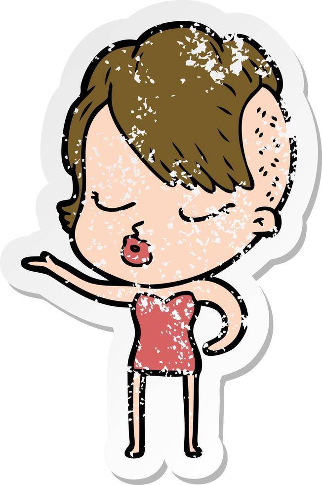 distressed sticker of a cartoon pretty hipster girl vector