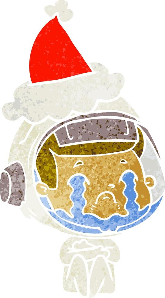 retro cartoon of a crying astronaut wearing santa hat vector