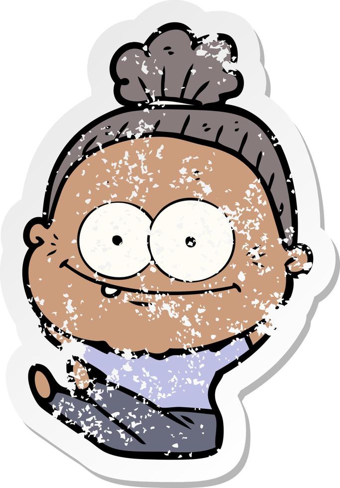 distressed sticker of a cartoon happy old woman vector