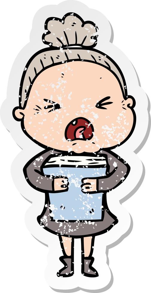 distressed sticker of a cartoon angry old woman vector