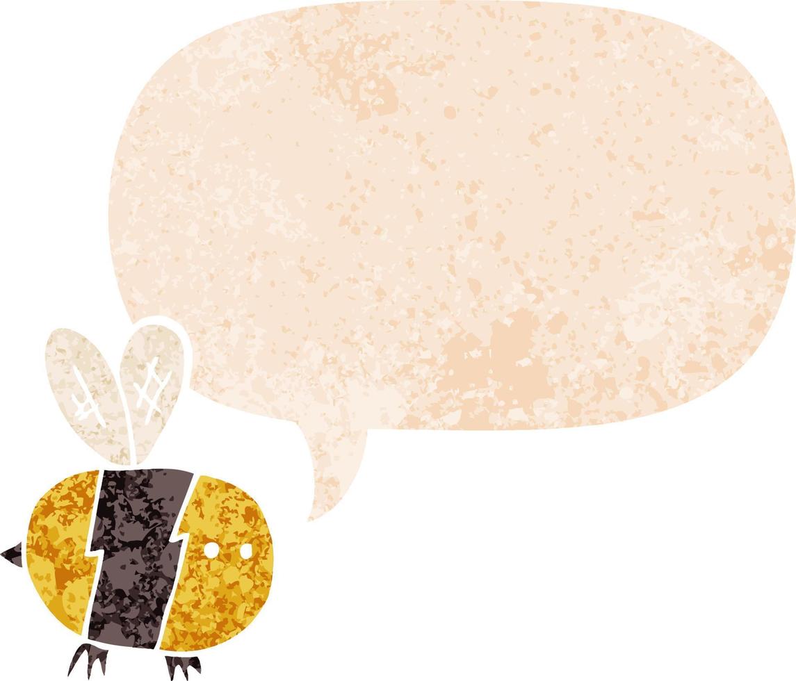 cartoon bee and speech bubble in retro textured style vector