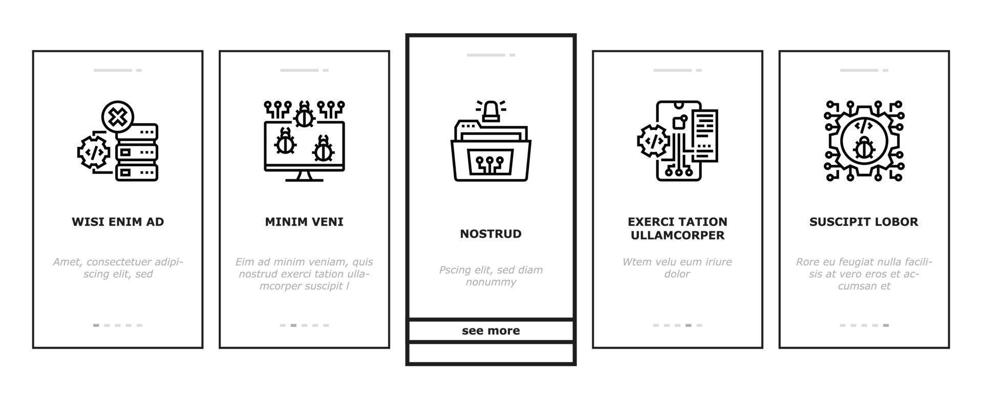 Debug Research And Fix Onboarding Icons Set Vector