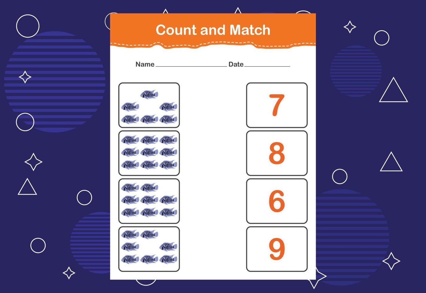 Count and match with the correct number. Matching education game. Count how many items and choose the correct number vector