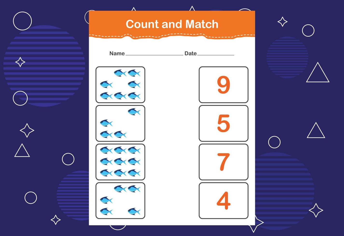 Count and match with the correct number. Matching education game. Count how many items and choose the correct number vector