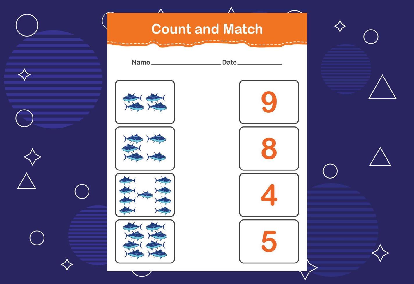 Count and match with the correct number. Matching education game. Count how many items and choose the correct number vector