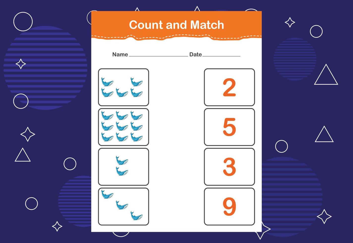 Count and match with the correct number. Matching education game. Count how many items and choose the correct number vector