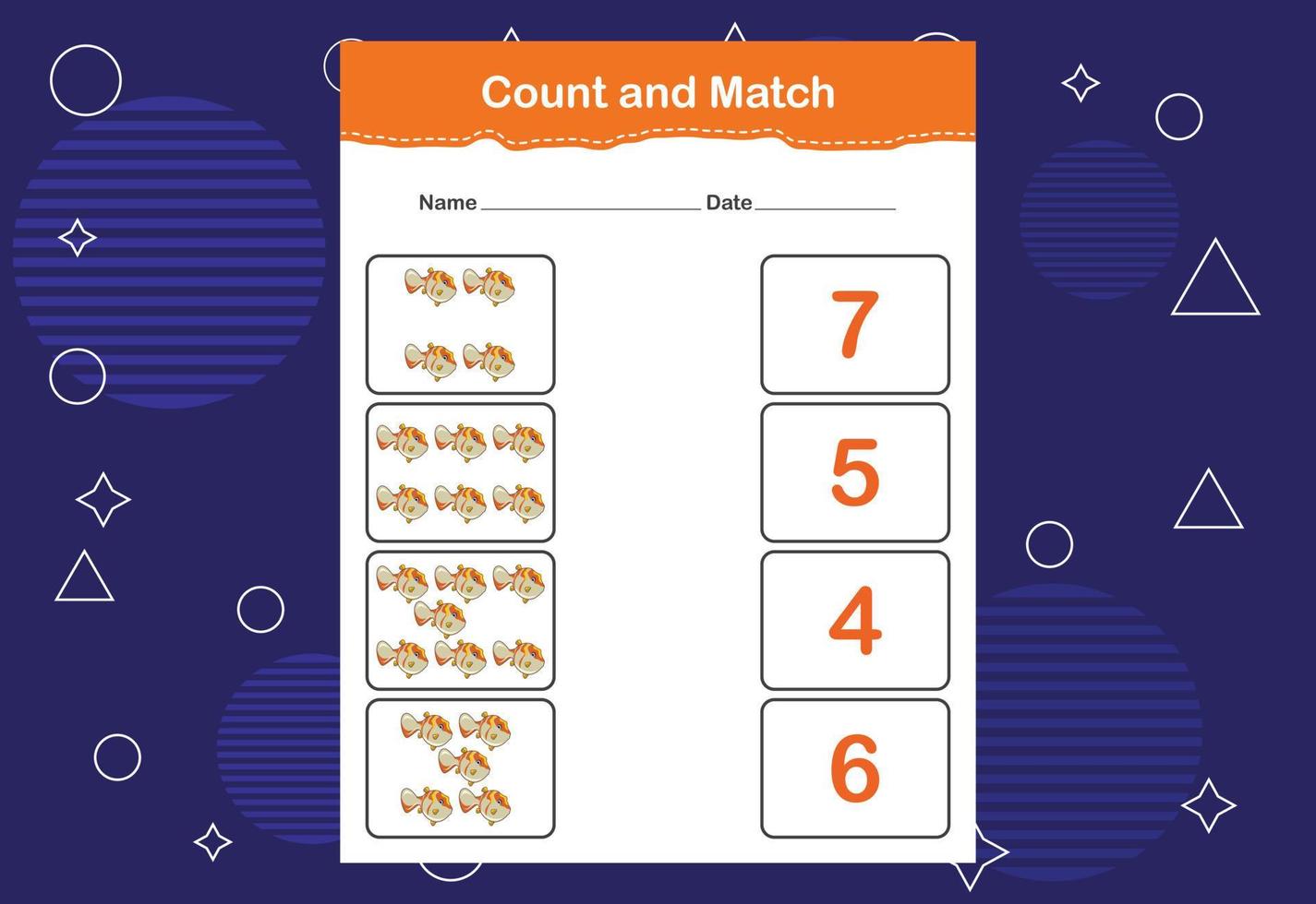 Count and match with the correct number. Matching education game. Count how many items and choose the correct number vector