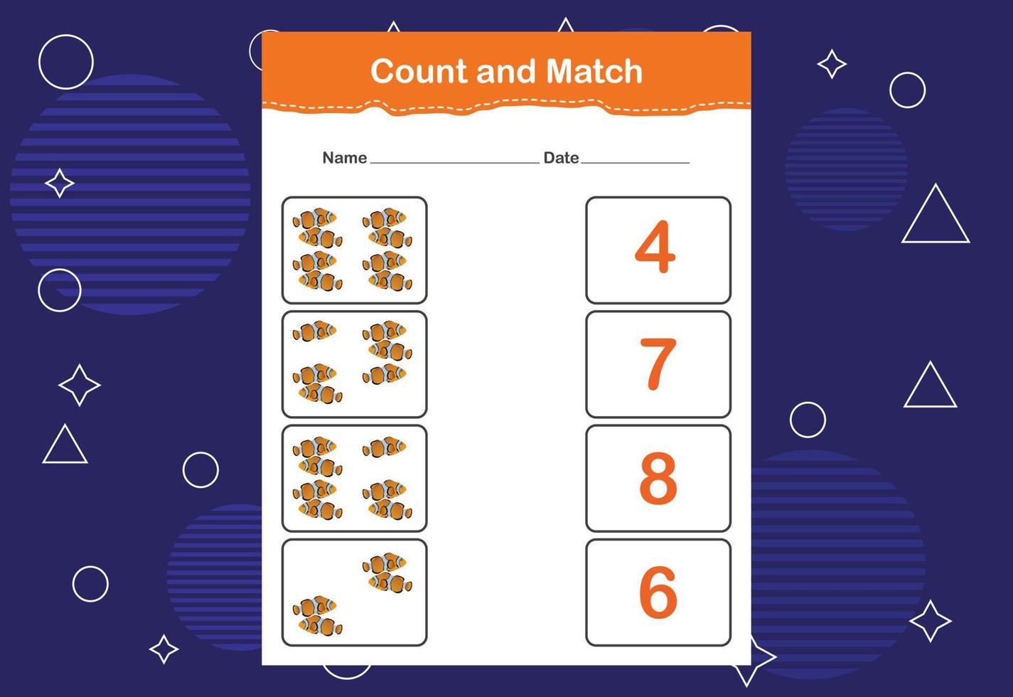 Count and match with the correct number. Matching education game. Count how many items and choose the correct number vector