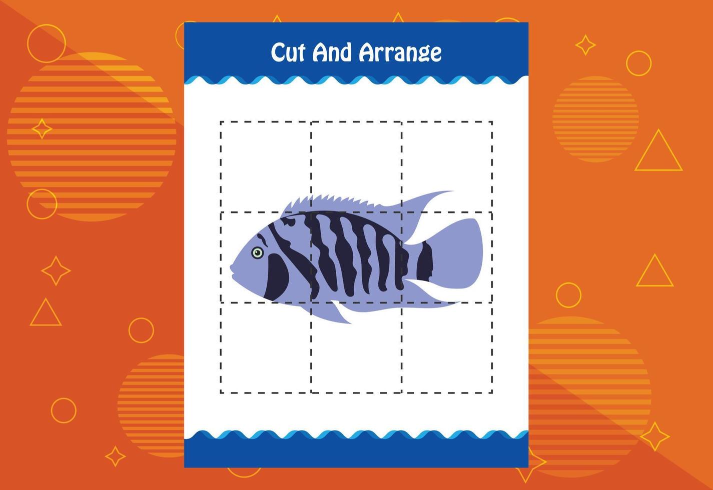 Cut and arrange with a fish worksheet for kids. Educational game for children vector