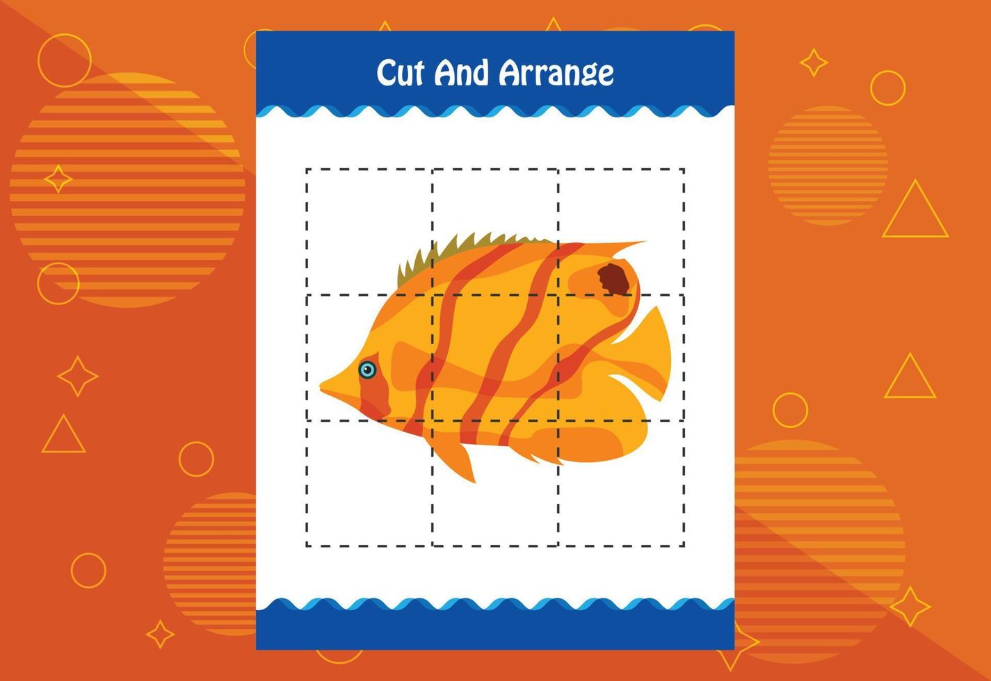 Cut and arrange with a fish worksheet for kids. Educational game for children vector