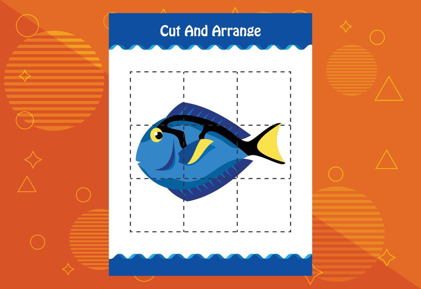 Cut and arrange with a fish worksheet for kids. Educational game for children vector