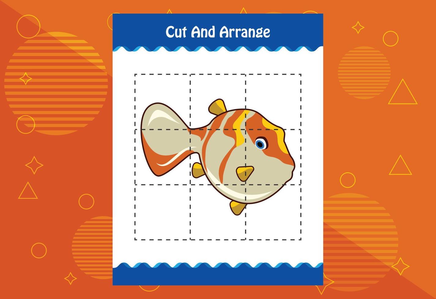 Cut and arrange with a fish worksheet for kids. Educational game for children vector