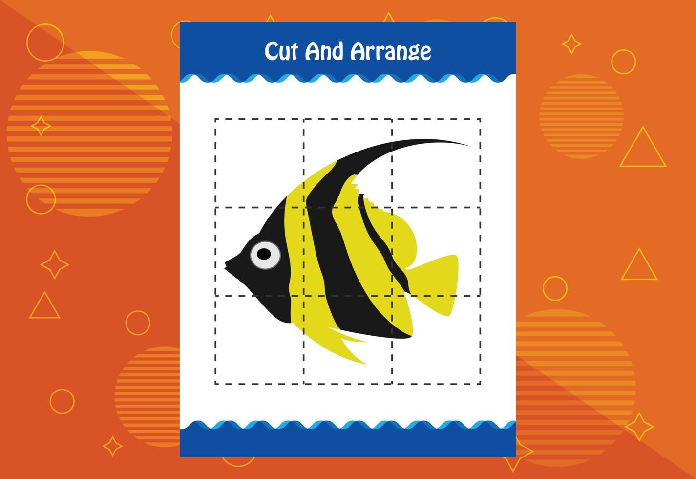 Cut and arrange with a fish worksheet for kids. Educational game for children vector