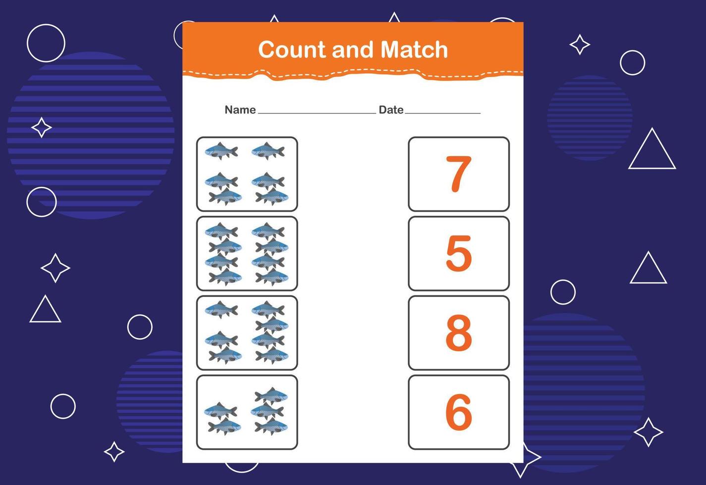 Count and match with the correct number. Matching education game. Count how many items and choose the correct number vector