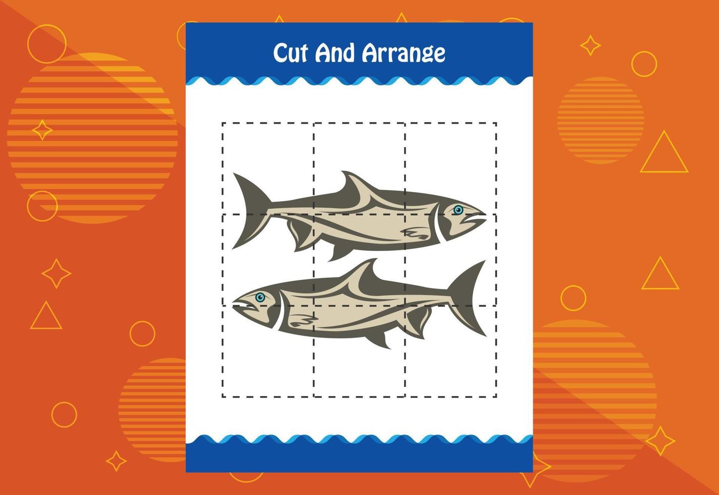 Cut and arrange with a fish worksheet for kids. Educational game for children vector