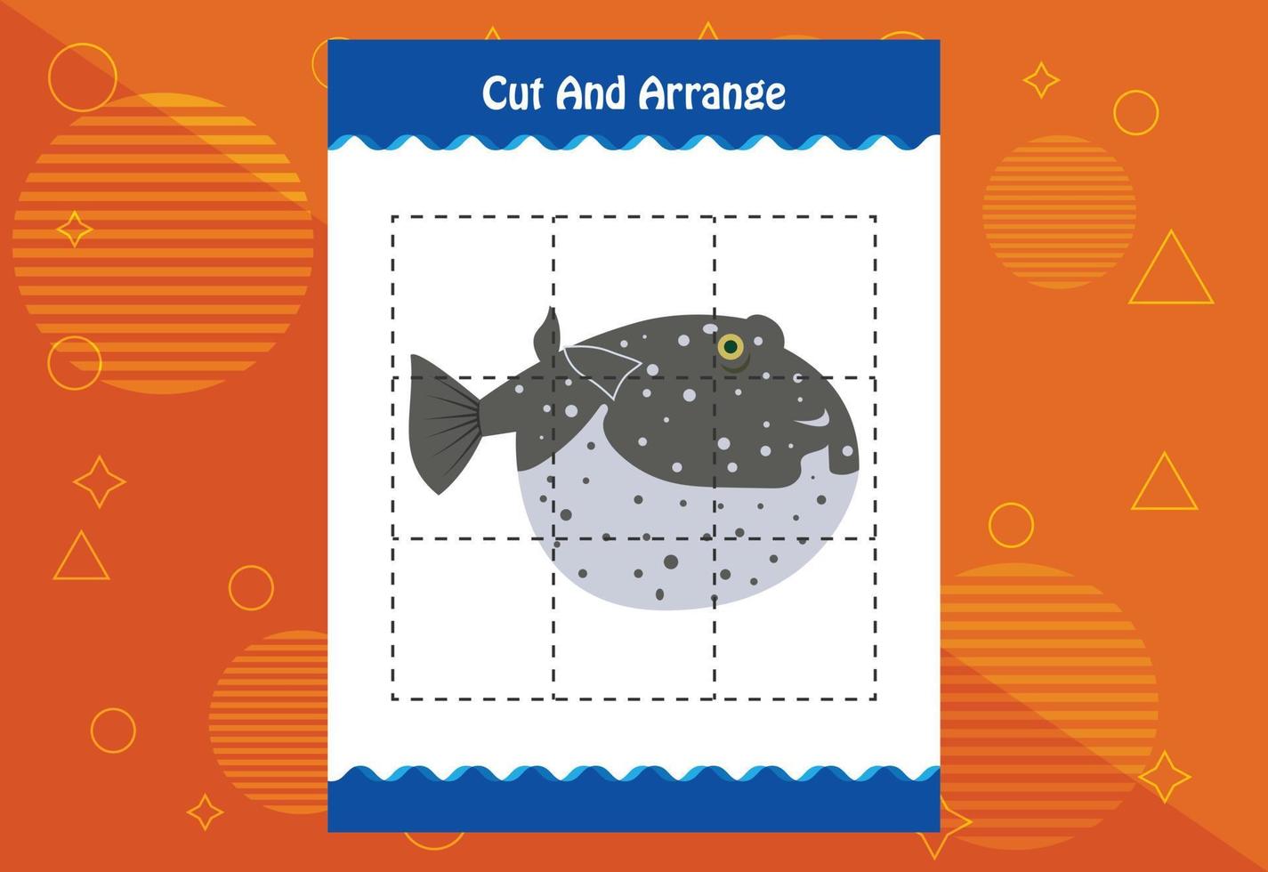 Cut and arrange with a fish worksheet for kids. Educational game for children vector