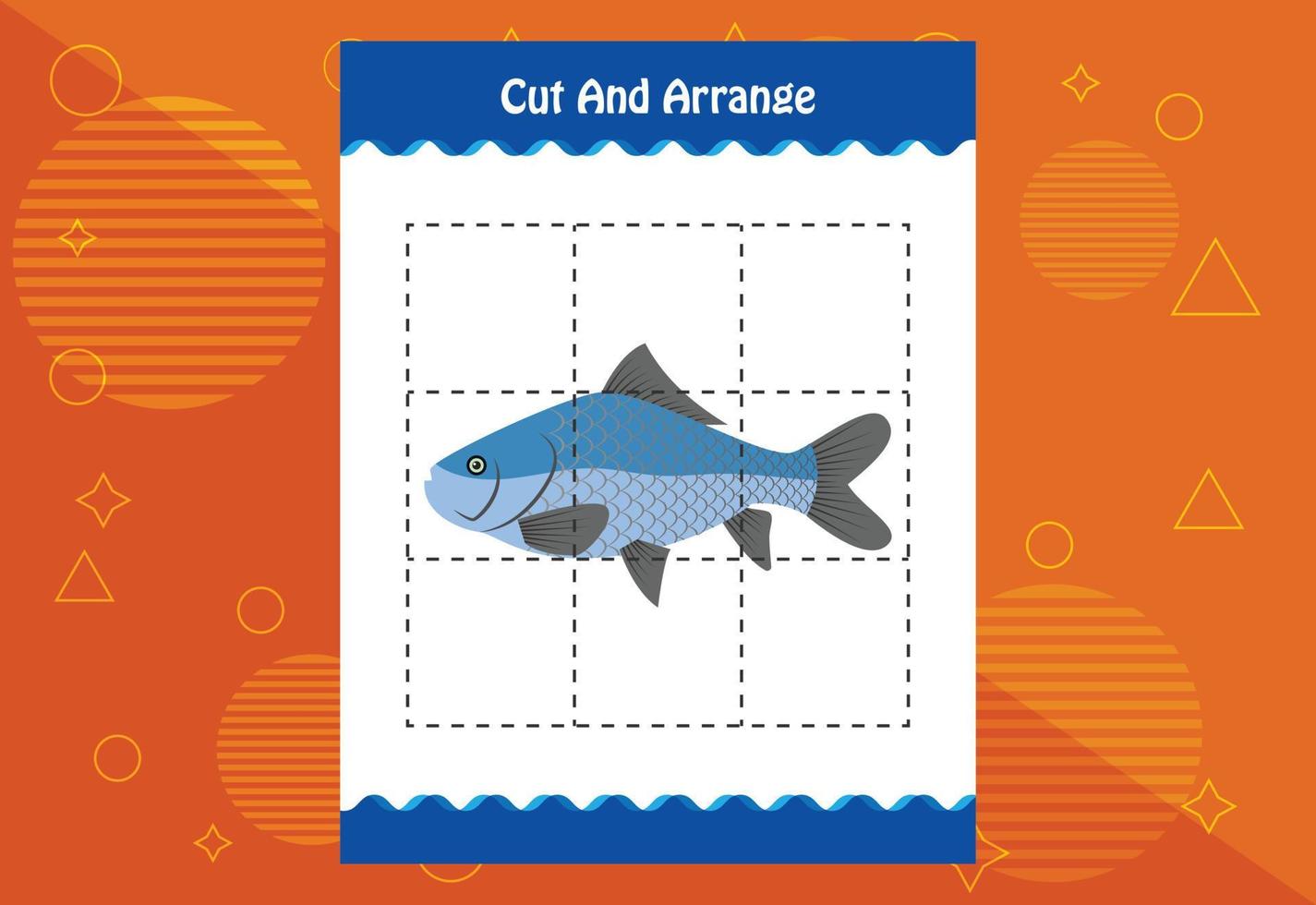 Cut and arrange with a fish worksheet for kids. Educational game for children vector