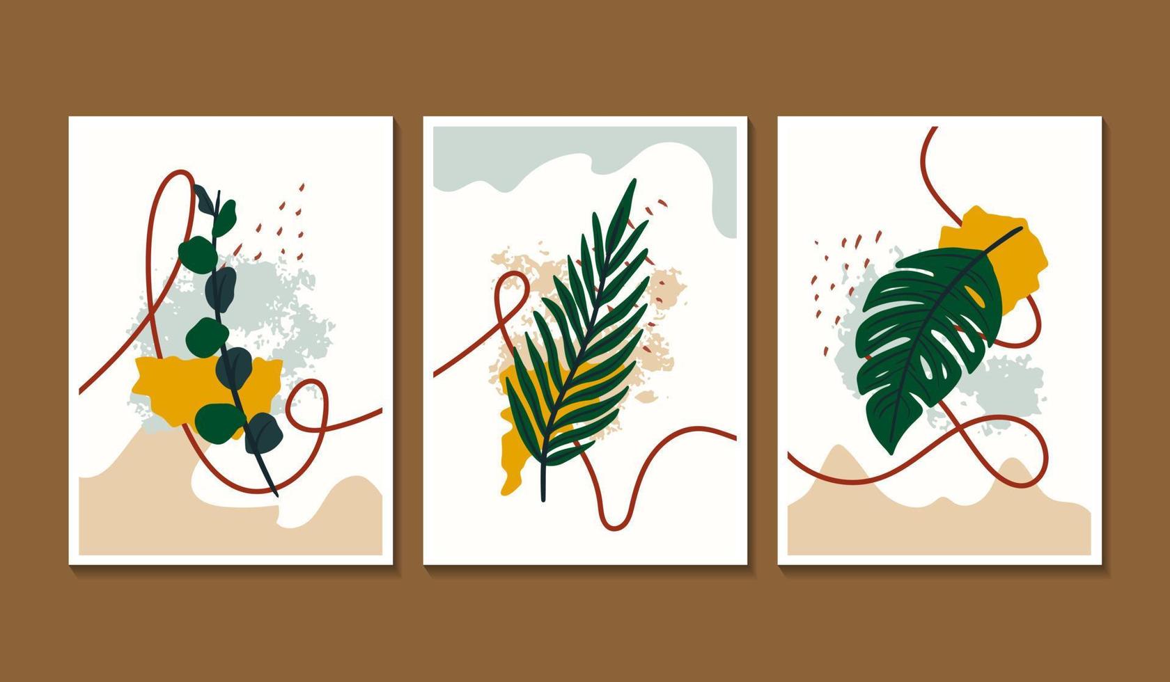 Set of 3 minimalist wall art poster with palm leaves and abstract shapes element vector