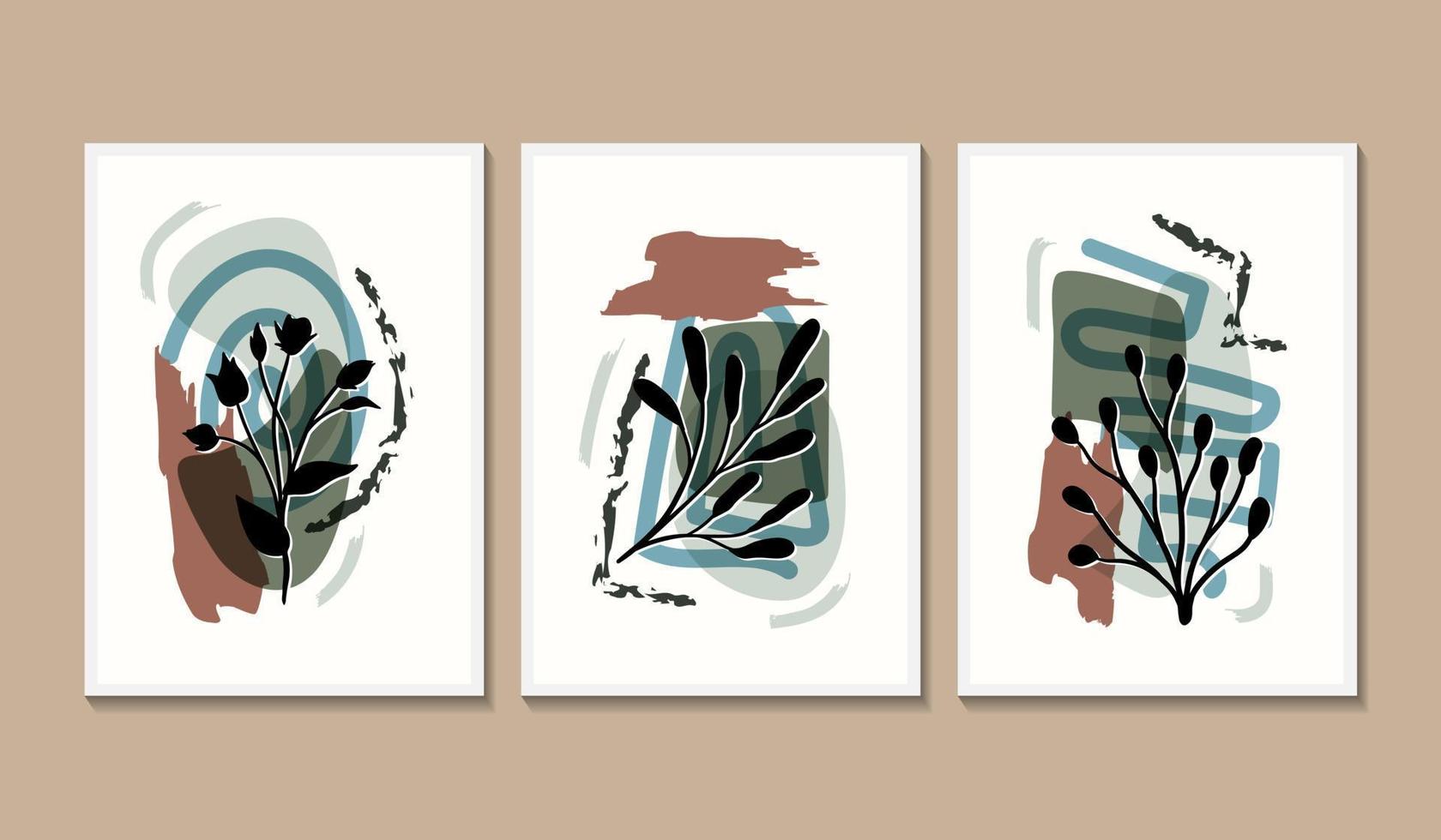 Set of 3 aesthetic wall art poster with monsterra leaves and abstract shapes element vector