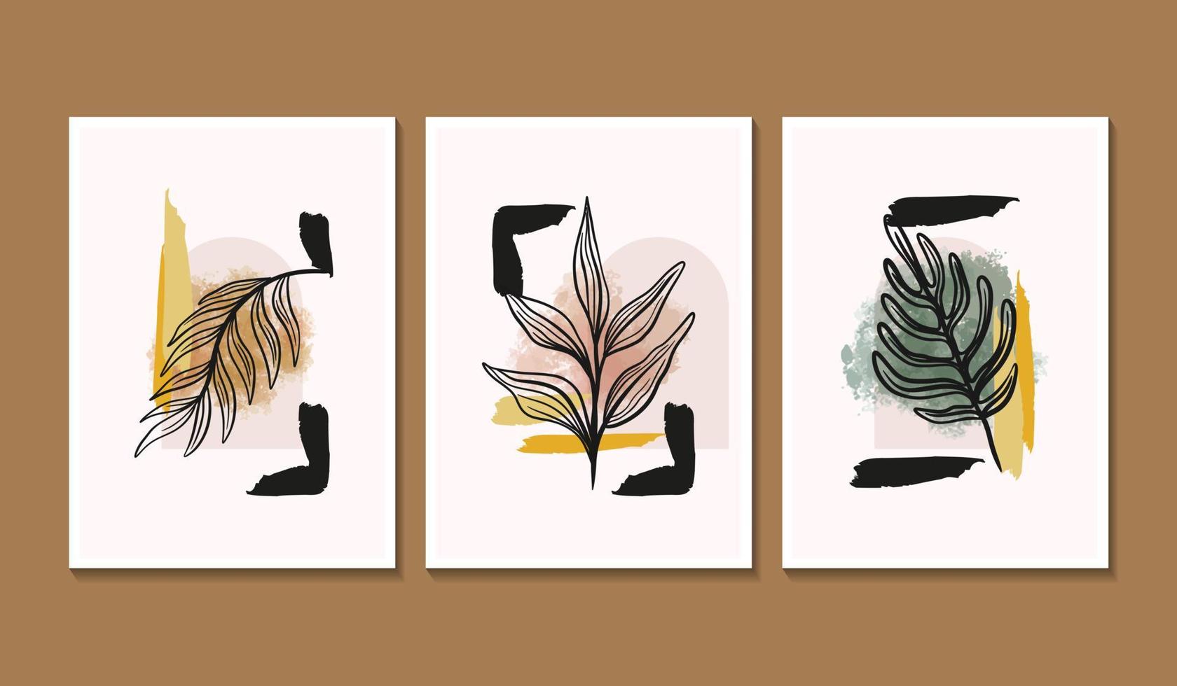 Set of 3 aesthetic minimalist wall art poster with outline leaf and stylish brush vector