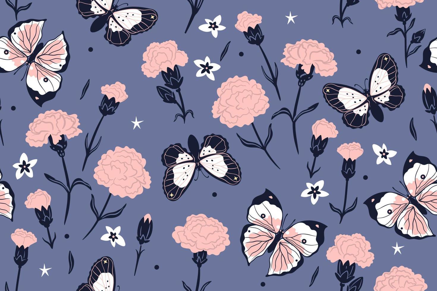 Seamless pattern of butterflies and flowers. Vector graphics.