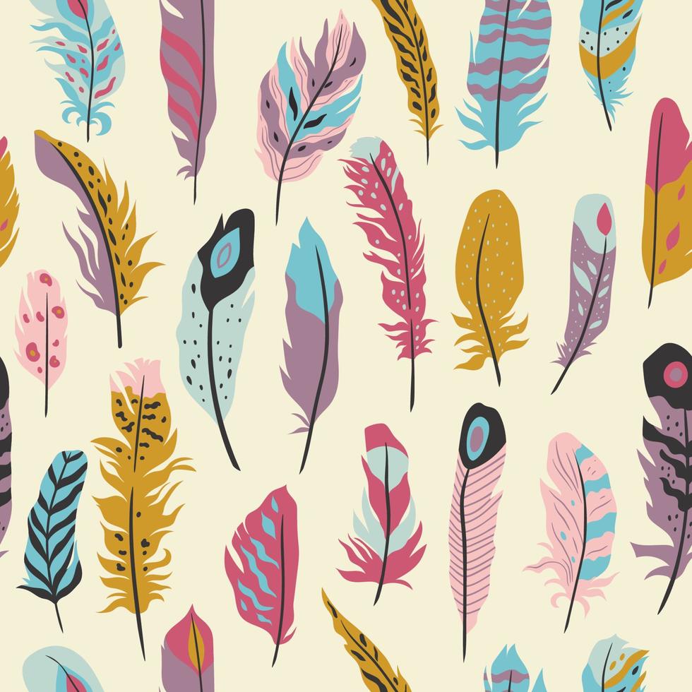 Feathers seamless pattern in boho style. Vector graphics.