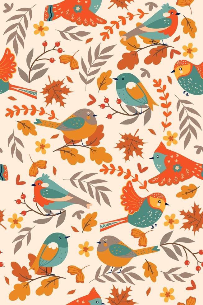 Seamless pattern with autumn birds. Vector graphics.