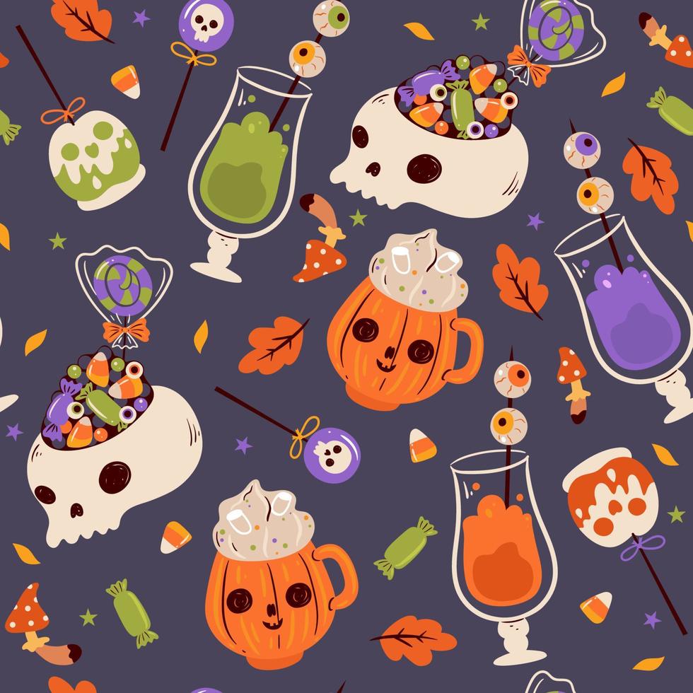 Seamless pattern with halloween food. Vector graphics.