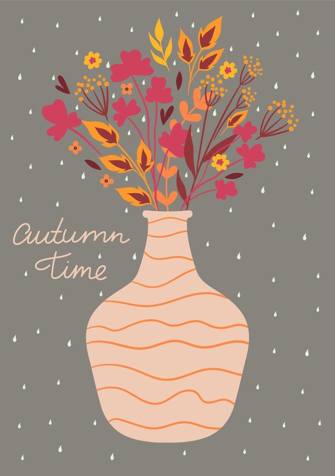 Postcard with an autumn bouquet in a vase. Vector graphics.