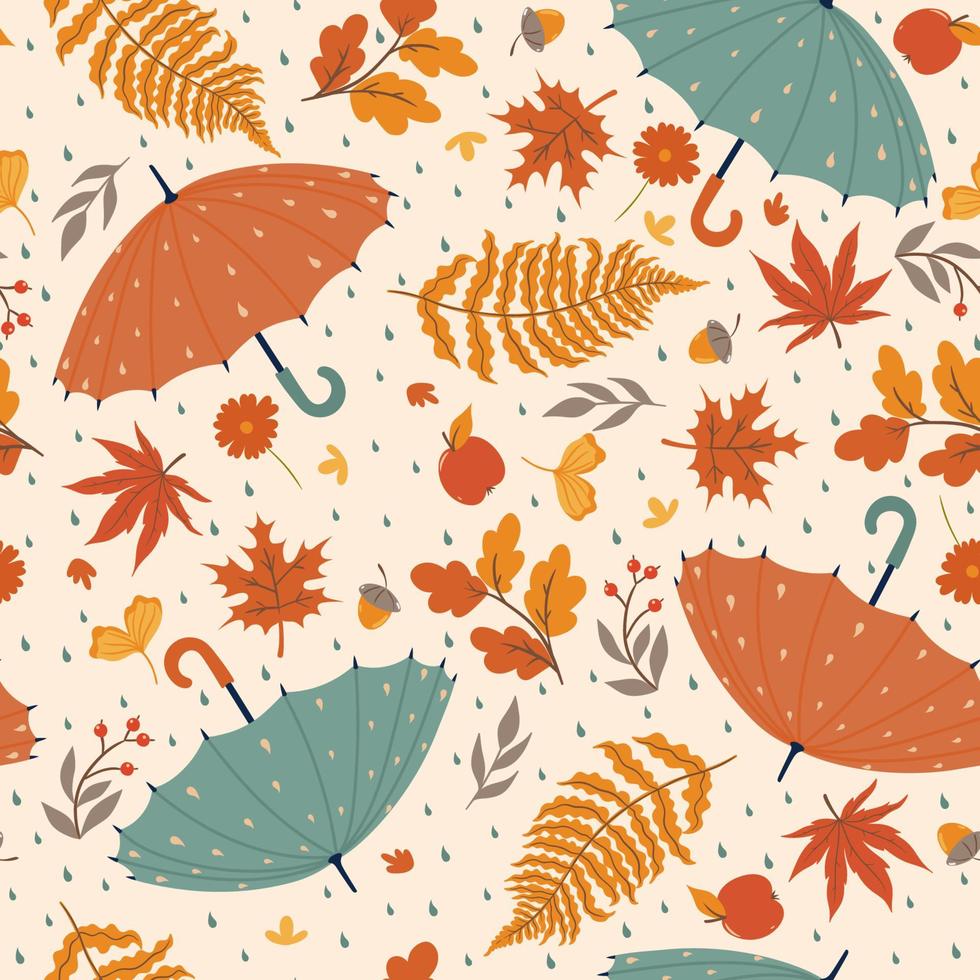 Autumn seamless pattern with umbrellas, leaves and rain. Vector graphics.