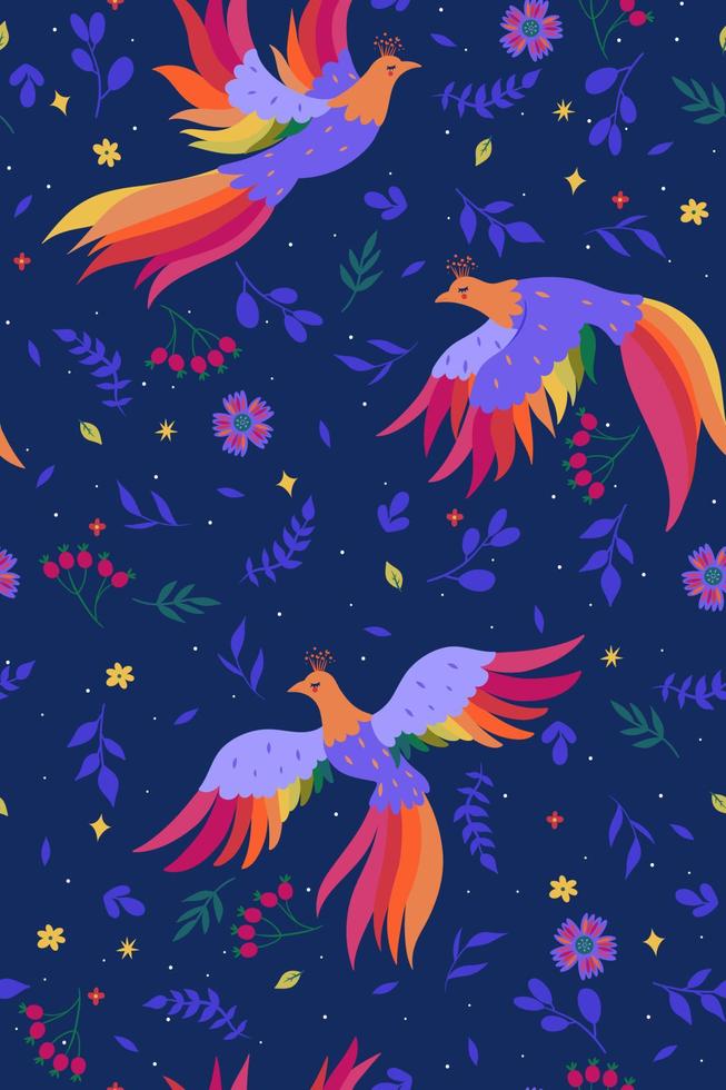Seamless pattern with magic birds on a blue background. Vector graphics.