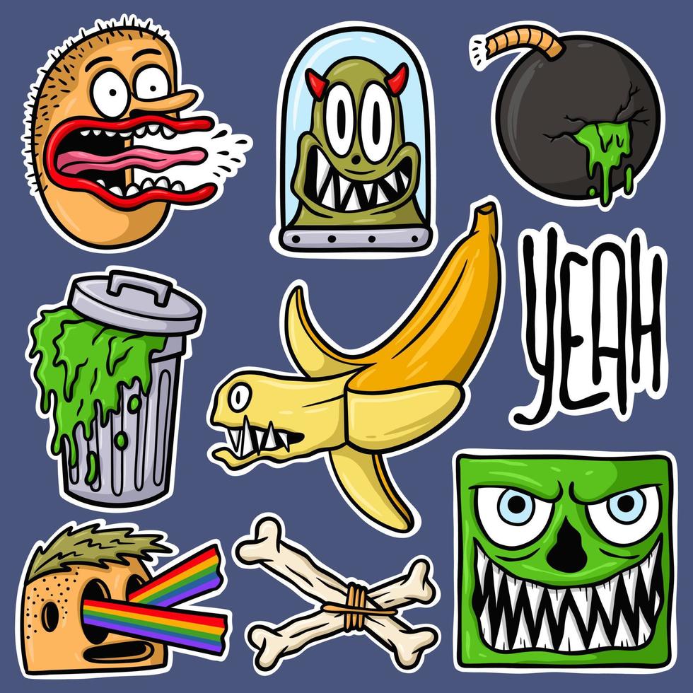 Sticker Set Hand Drawn Monster Cartoon Illustration vector