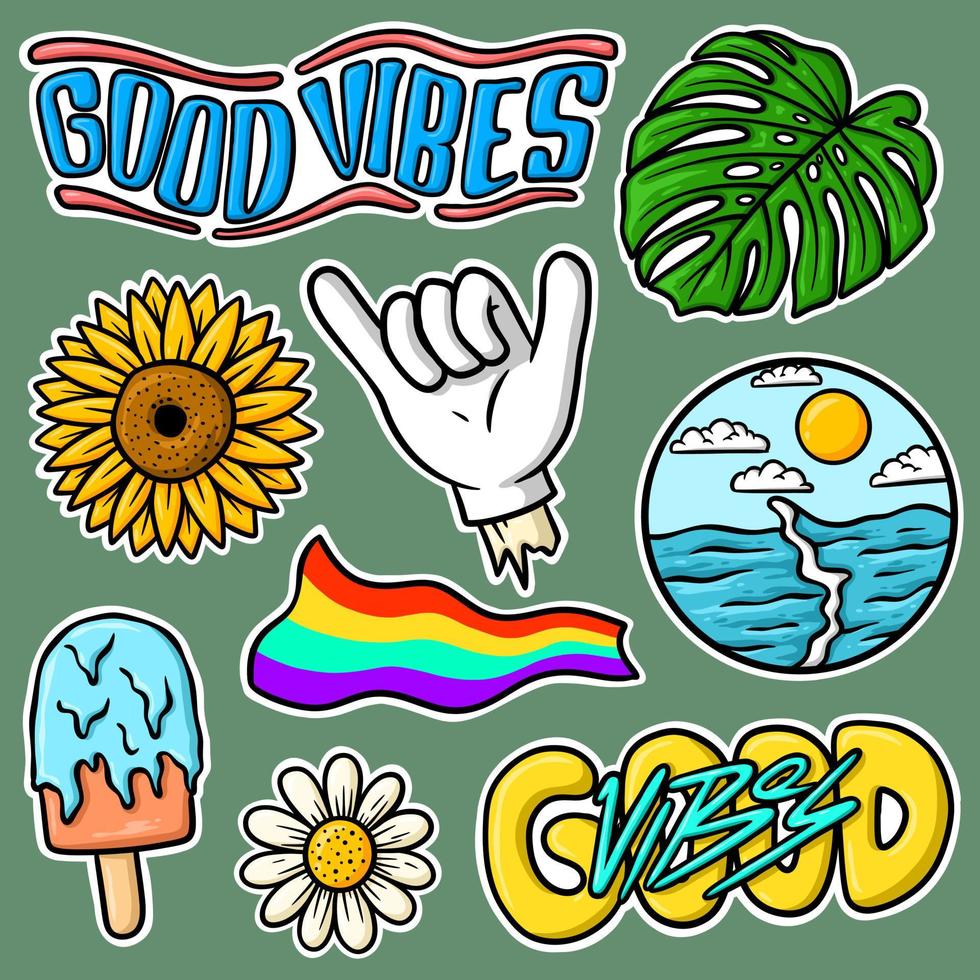Sticker Set Hand Drawn Good Vibes Cartoon Illustration vector