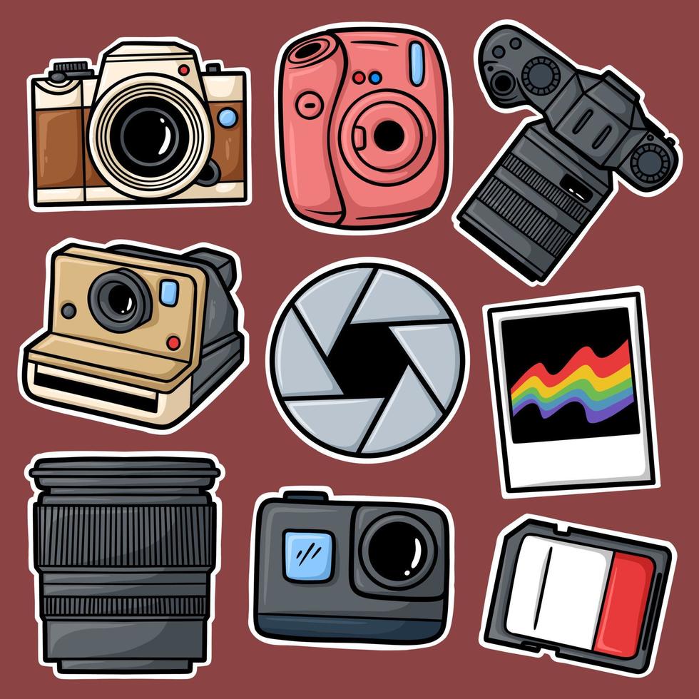Sticker Set Hand Drawn Camera Cartoon Illustration vector