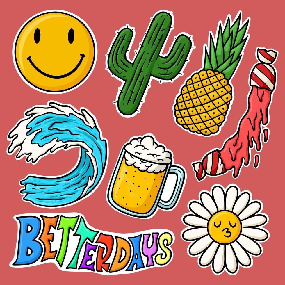 Sticker Set Hand Drawn Good Vibes Cartoon Illustration vector