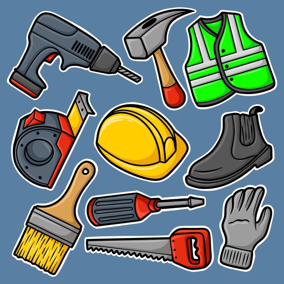 Sticker Set Hand Drawn Builder mechanic Cartoon Illustration vector