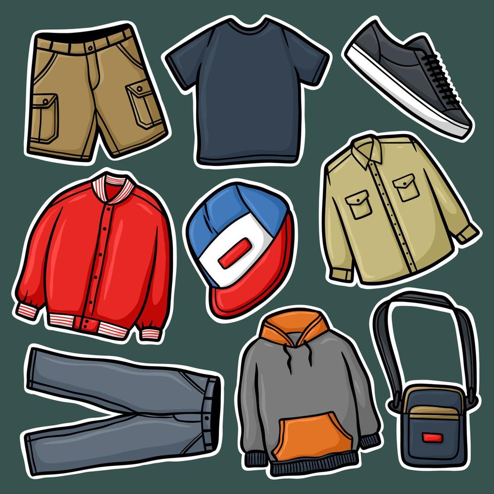 conjunto de pegatinas ropa de hombre dibujada a mano ilustración de dibujos animados vector