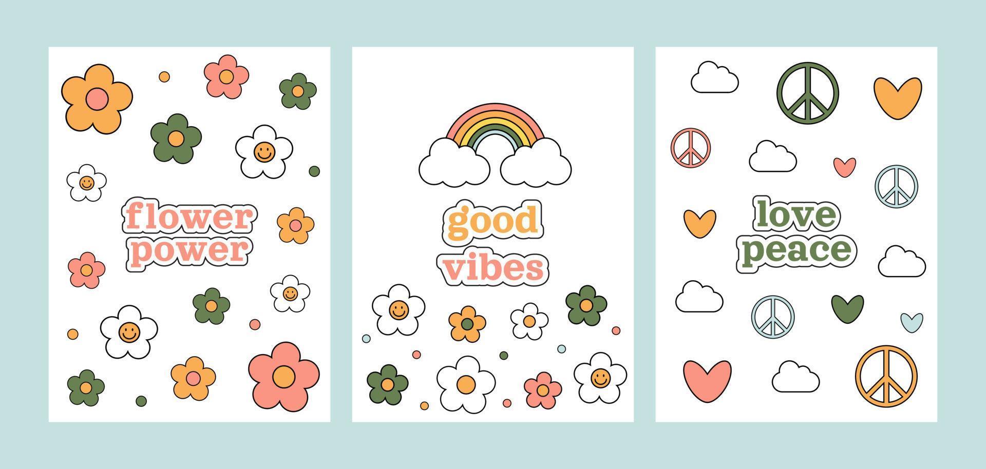 Flower power groovy 1970 set. Three postcards with colorful cartoon daisies, rainbow, hearts, symbol peace, cloud on white background. 70s vibes background. Trippy hand drawn vector illustration.