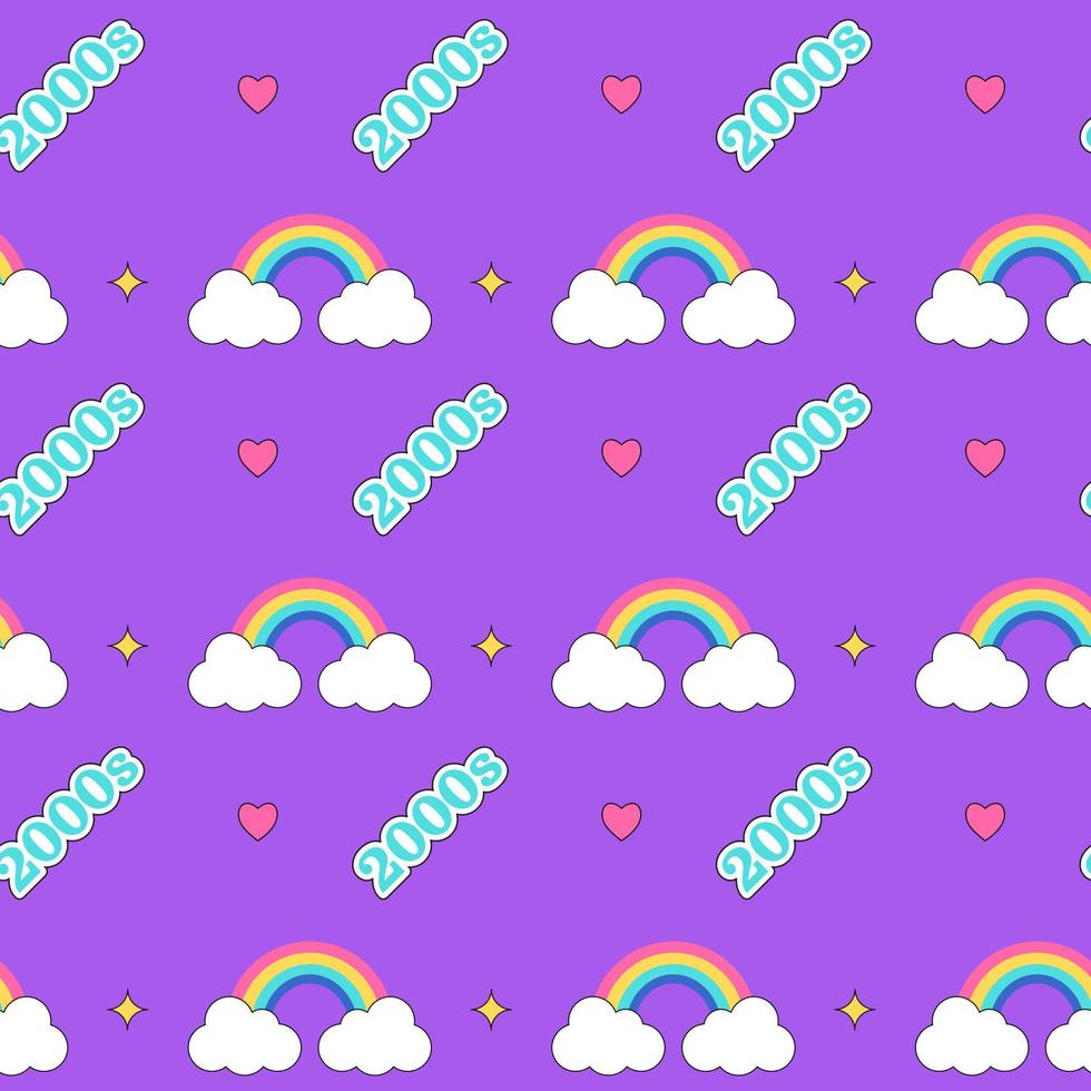 2000 rainbow pattern. Colorful rainbow, star, heart and symbol 2000s on purple background. Y2k vibes elements. Cartoon pattern. Psychedelic hand drawn vector illustration.