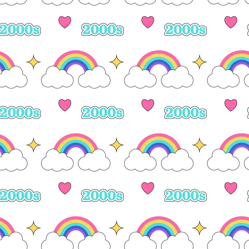 2000 rainbow pattern. Colorful rainbow, star, heart and symbol 2000s on white background. Y2k vibes elements. Cartoon pattern. Psychedelic hand drawn vector illustration.
