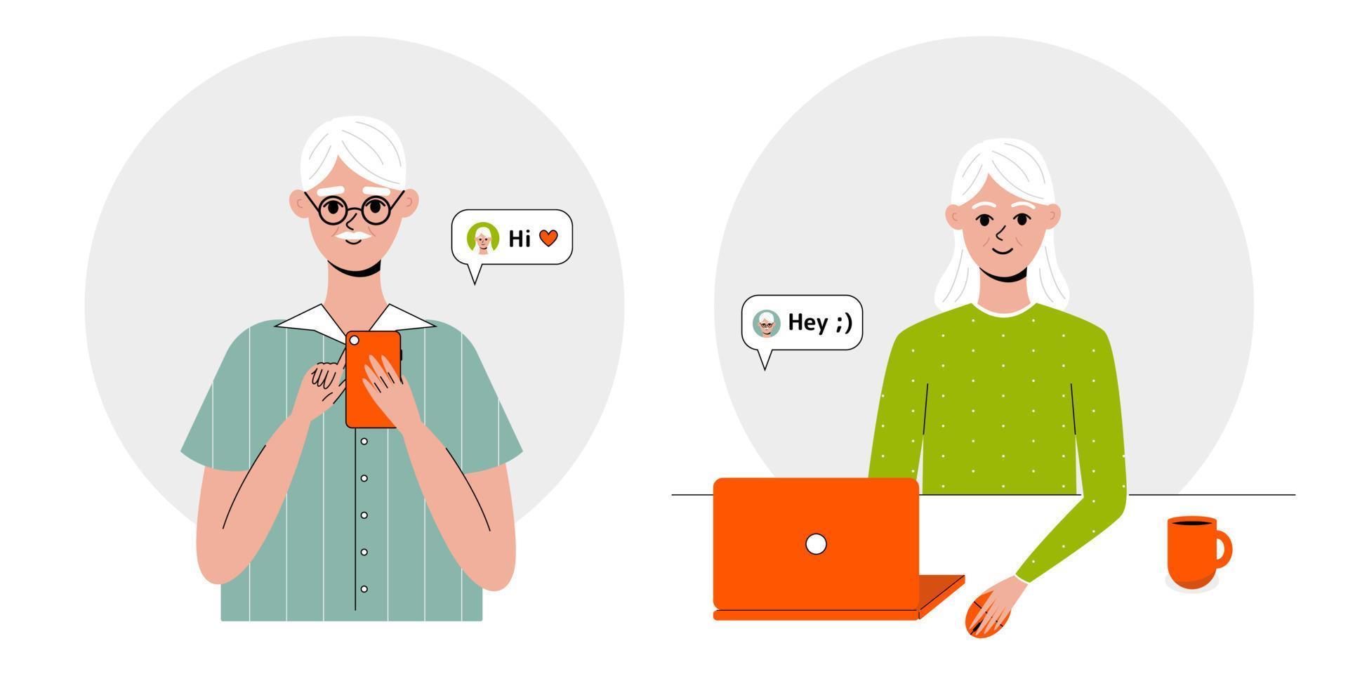 Old people using dating apps, social media. Nice elderly male and female characters use mobile phone and laptop. Landing page template, web banner. Cute vector illustration in flat style.