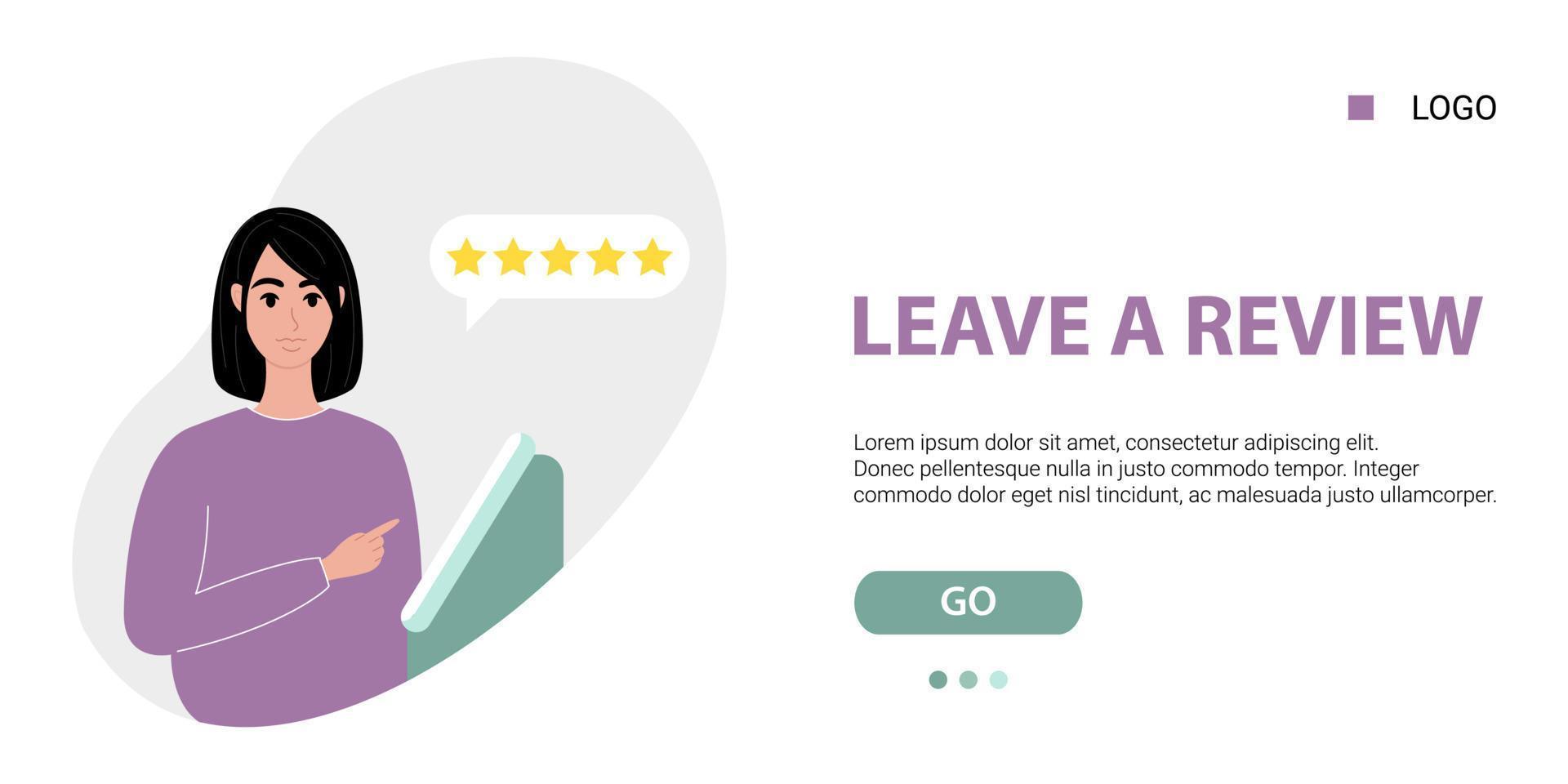 Leave a review template. Feedback concept character. Woman stands in front of terminal and evaluates the product, impression, service. 5-star rating banner web. Vector illustration in flat style.