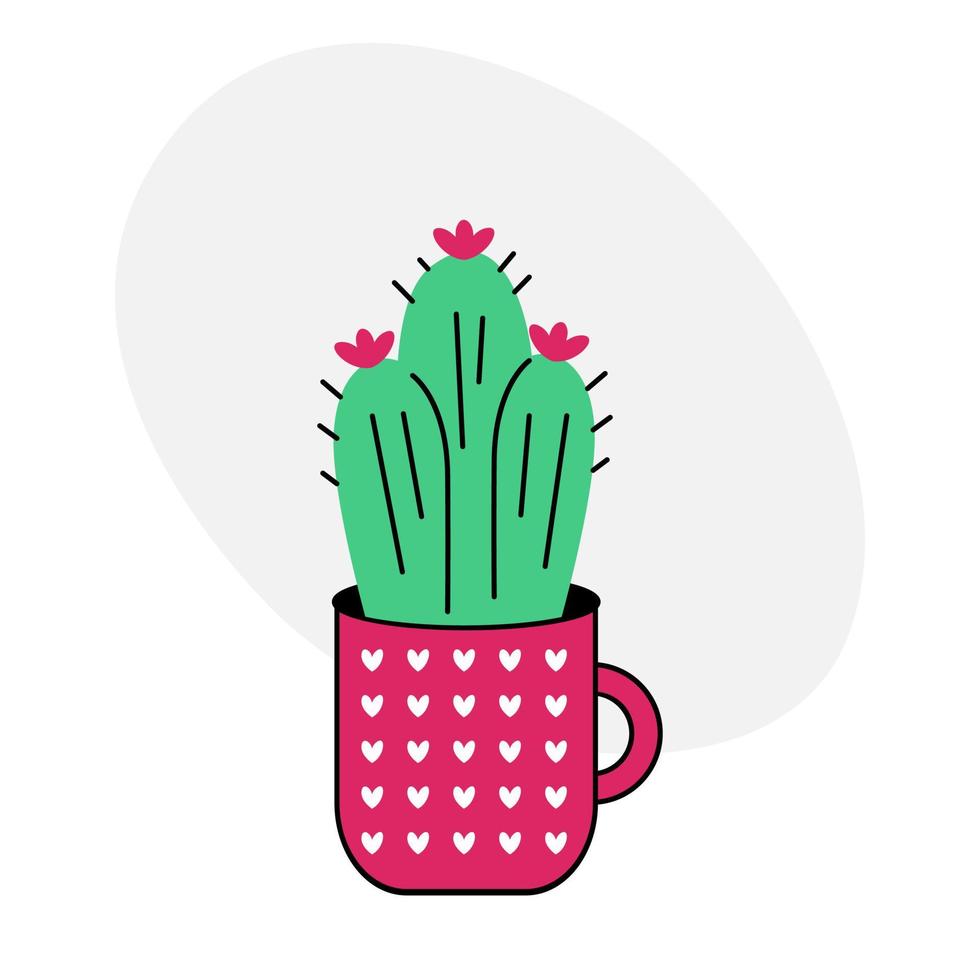 Cute cactus doodle. Cartoon cactus with flowers in a pink polka dot pot on a white background. Cool vector illustration in flat style.